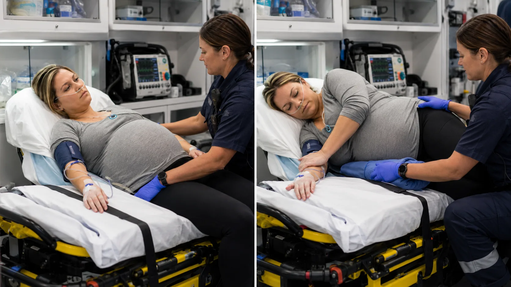 Comparison of supine and left-lateral positioning of a pregnant patient on an ambulance stretcher