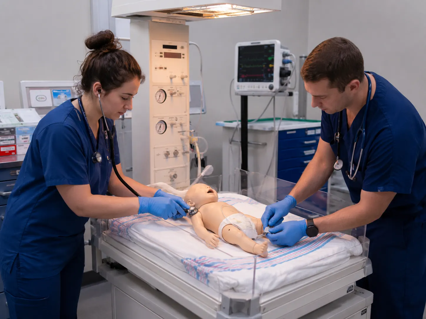 Adult clinicians assessing a clearly artificial neonatal training mannequin beneath a radiant warmer in a simulation laboratory.