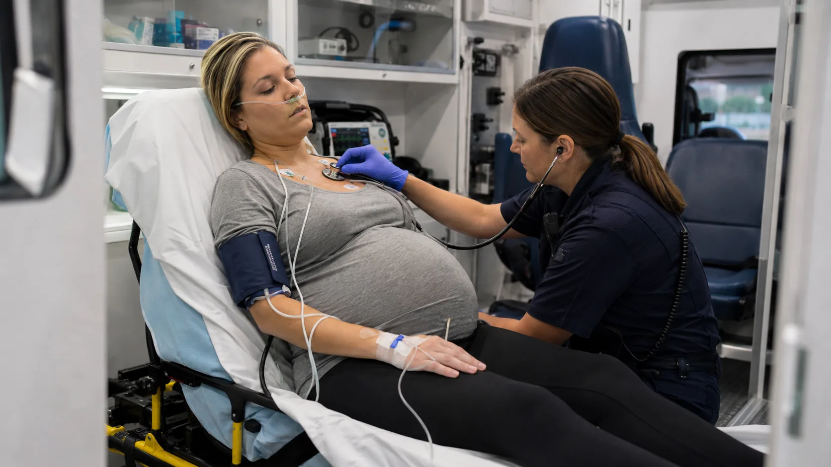 Transport clinician performing a focused cardiopulmonary assessment of a pregnant patient inside an ambulance.