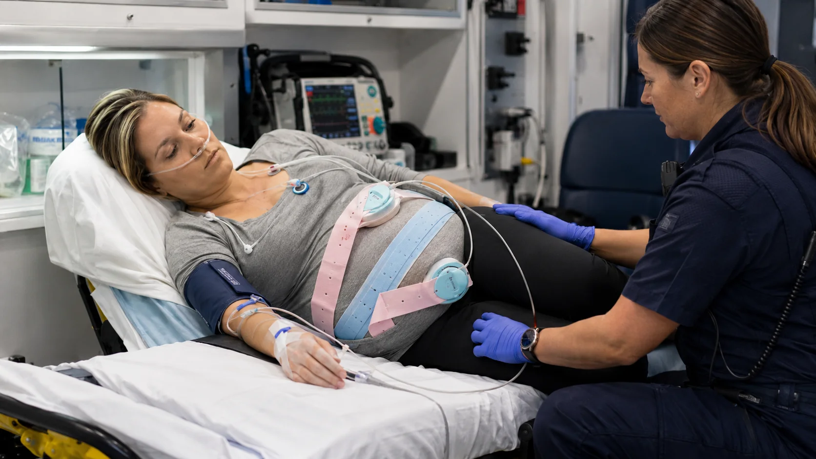 Transport clinician assessing uterine activity and fetal monitoring in a pregnant patient inside an ambulance.